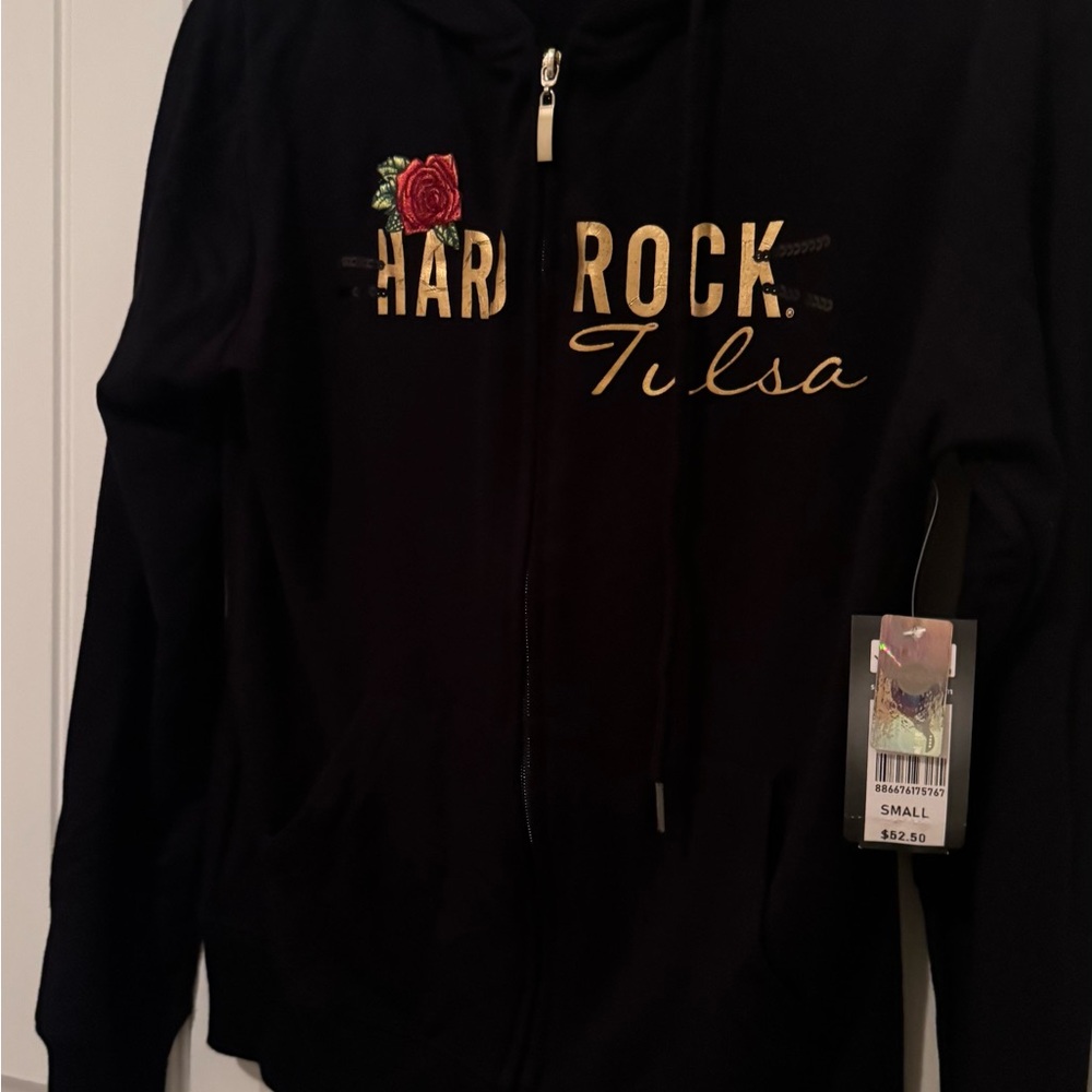 Hard Rock Cafe Black Hoodie with Gold Logo and Red Roses